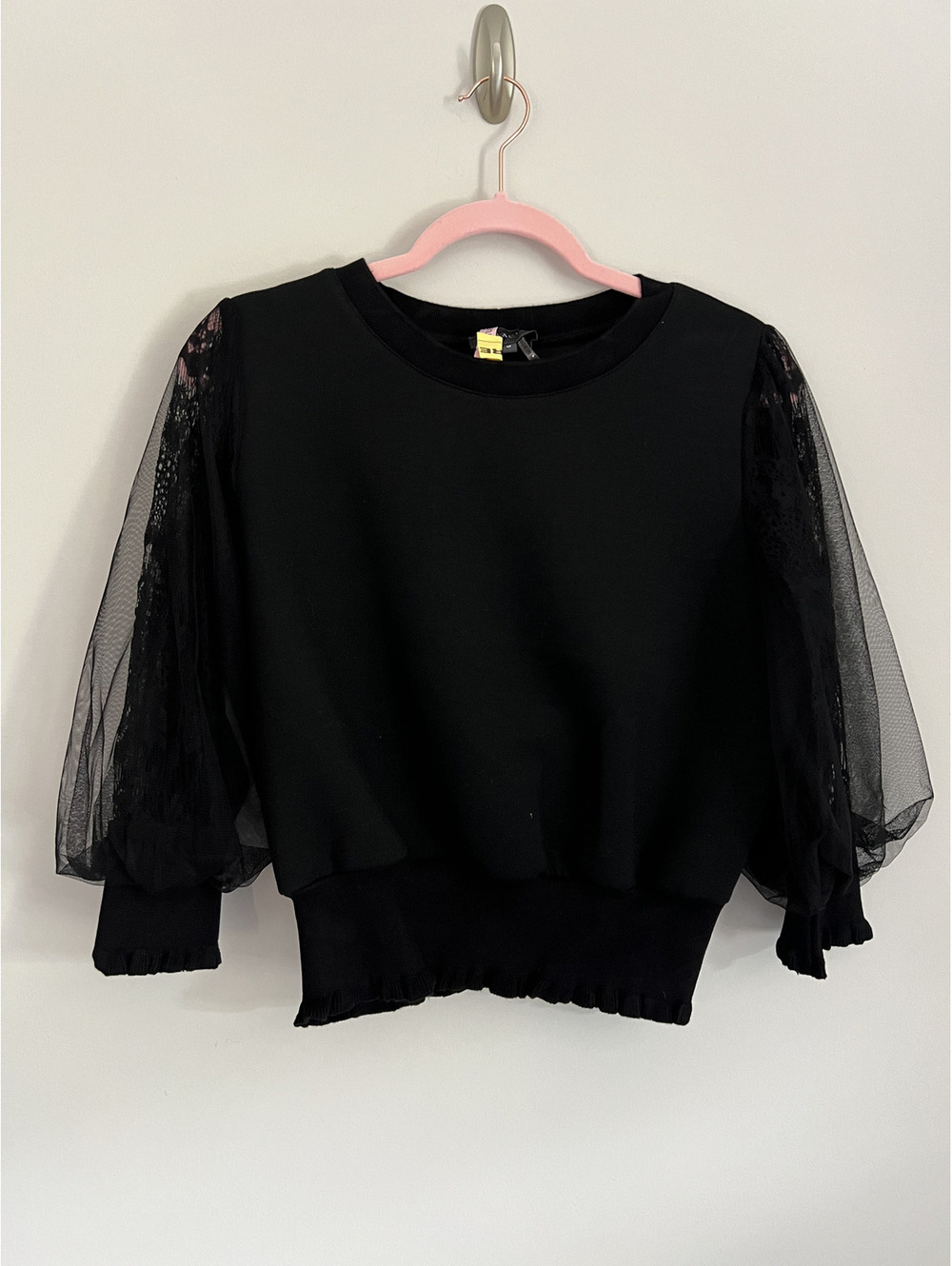 Gracia Black Knit Top Sheer Mesh Tulle Puff Sleeve Pullover Statement Sweater